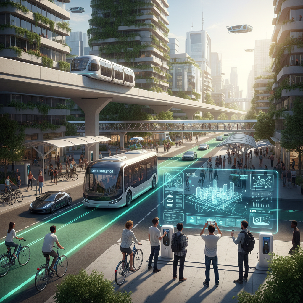 Cidade sustentável com transporte elétrico, monotrilho e prédios verdes